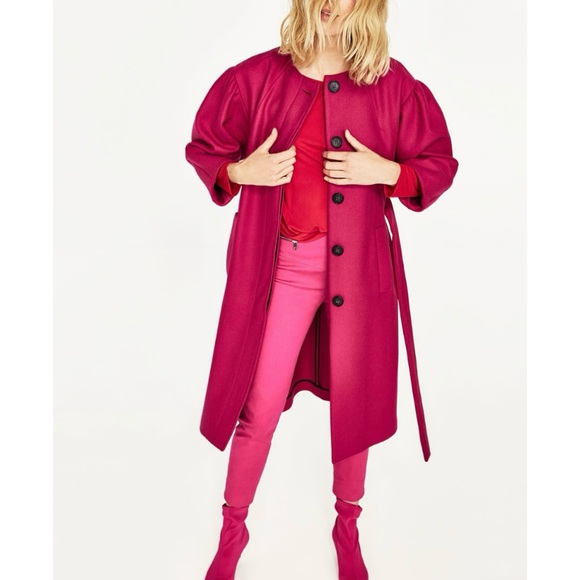 Zara puff sleeve wool blend belted coat fuchsia pink - Picture 5 of 15